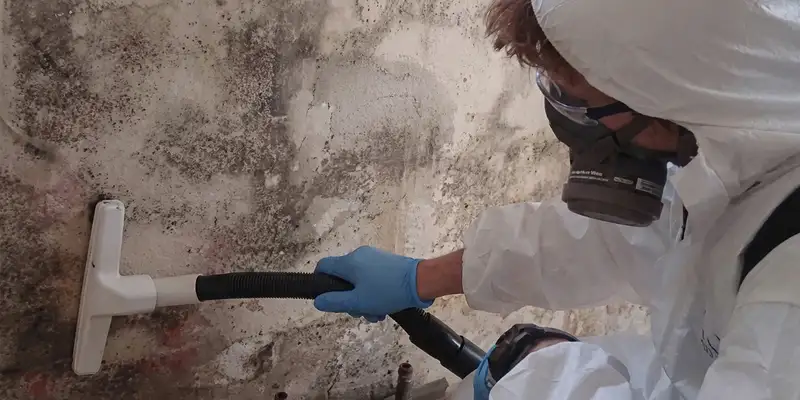professional mold removal technician wearing protective equipment removing mold from a wall in Jacksonville, FL